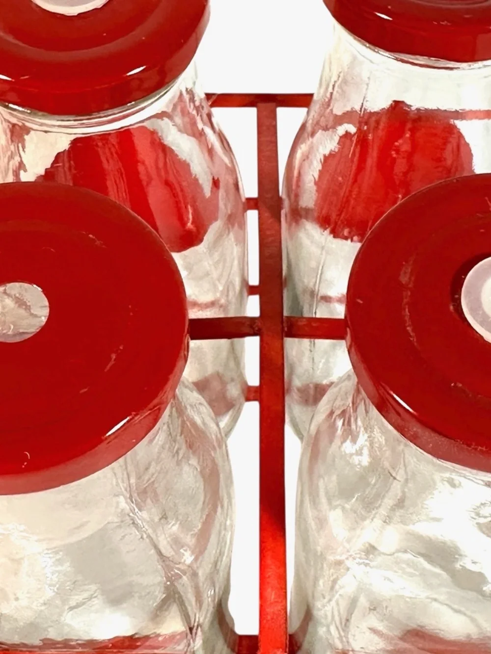 Set 6 Glass Bottles in Red Metal Carrier w/ Holes for Straws, Farmhouse Chic